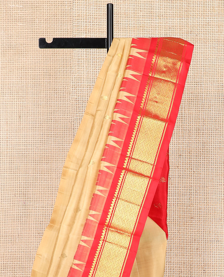 Sandal zari buttas Kanchipuram silk saree, contrast thazampoo rekku border of thilakam mokku, banaras, and jaal designs, and zari design pallu