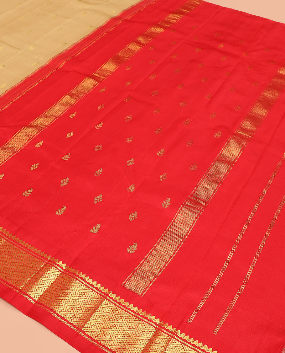 Sandal zari buttas Kanchipuram silk saree, contrast thazampoo rekku border of thilakam mokku, banaras, and jaal designs, and zari design pallu