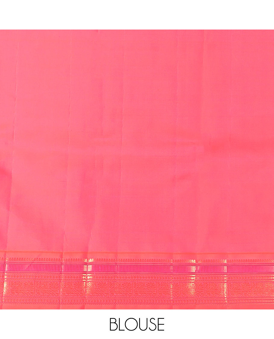 Blue zari buttas Kanchipuram silk saree, contrast border of thilakam mokku, muthu, banaras, and mayil designs, and pallu of intricate designs