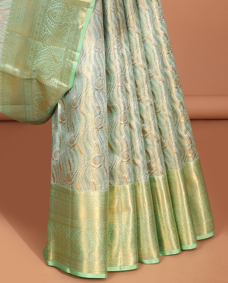 Green striped floral design kancheepuram tissue silk saree,contrast border of thilkam,poo chakram,banaras , manga & intricate pallu
