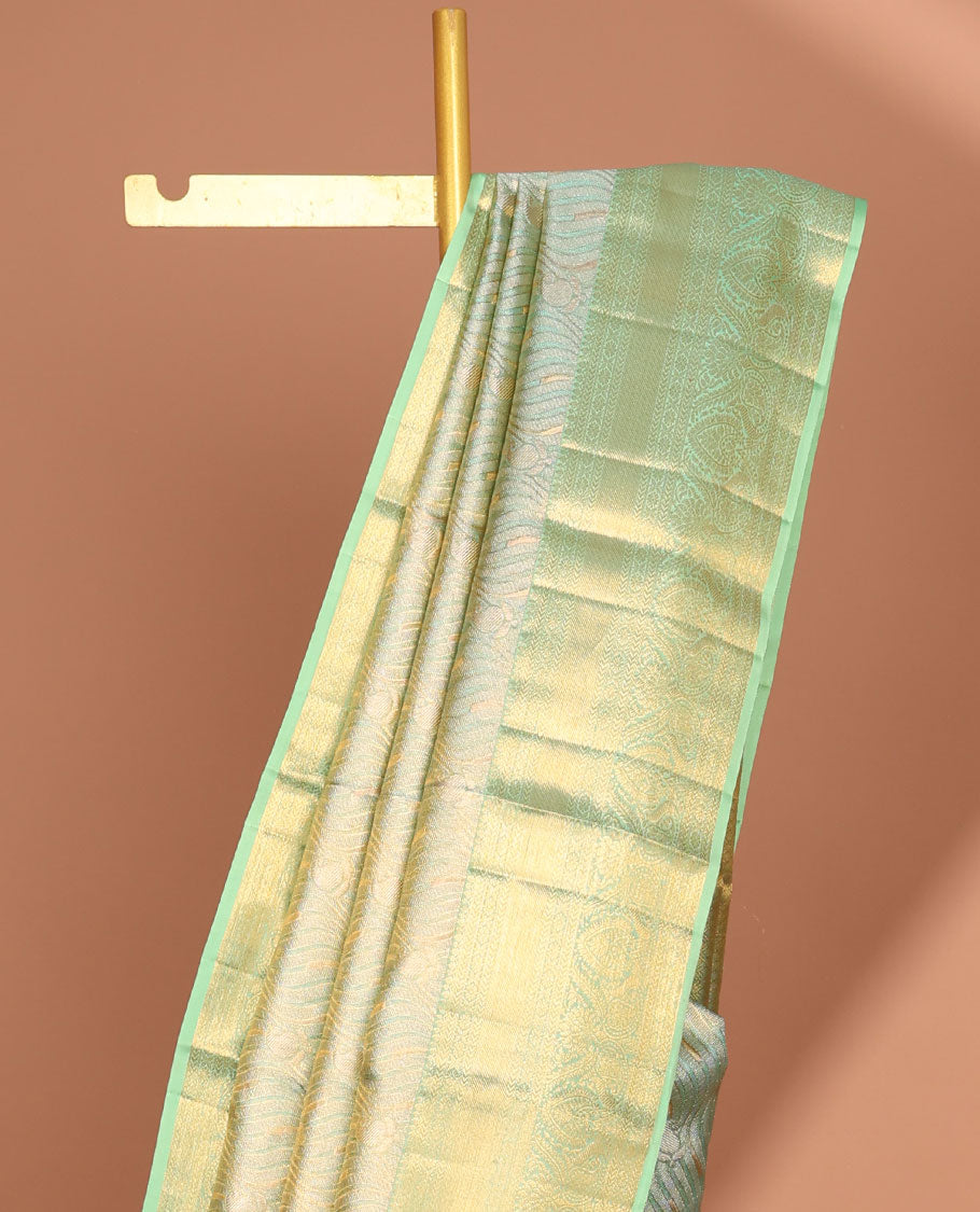 Green striped floral design kancheepuram tissue silk saree,contrast border of thilkam,poo chakram,banaras , manga & intricate pallu