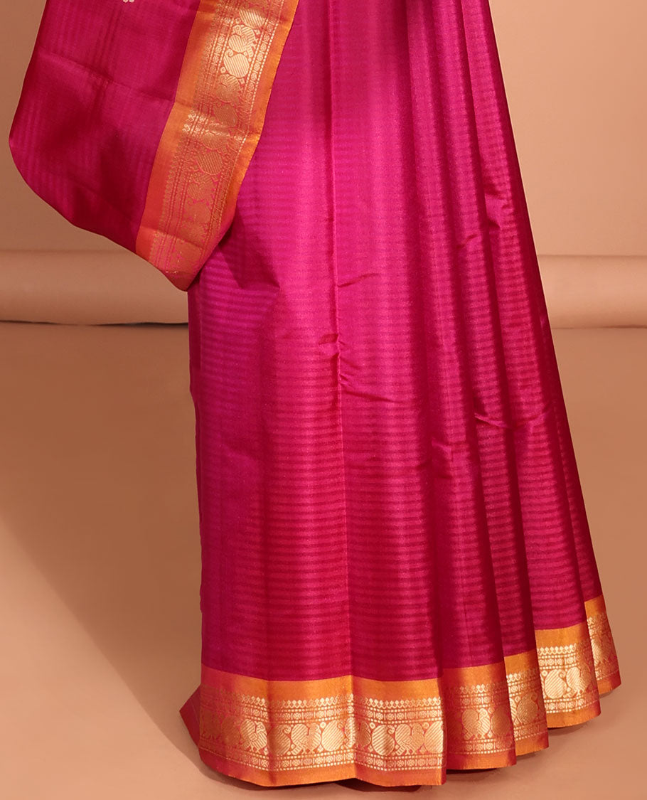 Pink striped flower buttas kancheepuram silk saree with contrast border of sombu, banaras, paisley design & zari design pallu