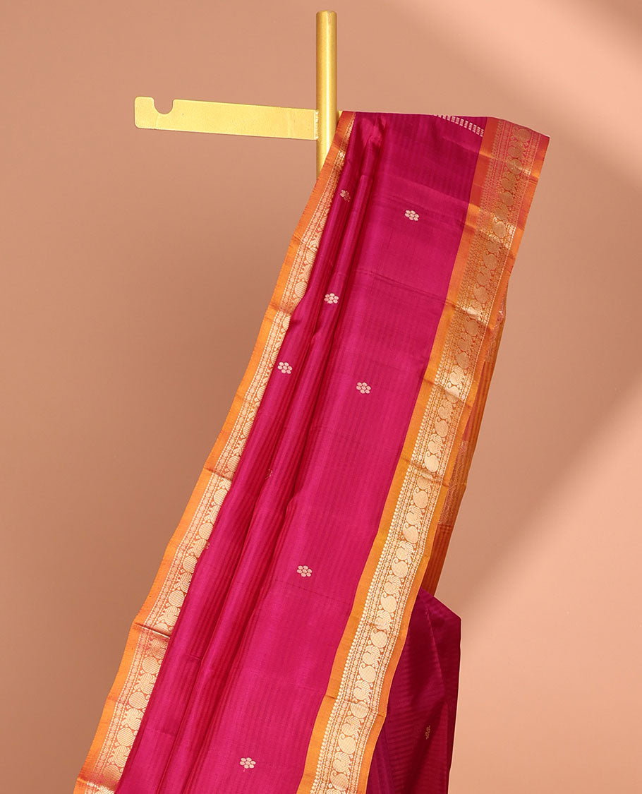 Pink striped flower buttas kancheepuram silk saree with contrast border of sombu, banaras, paisley design & zari design pallu