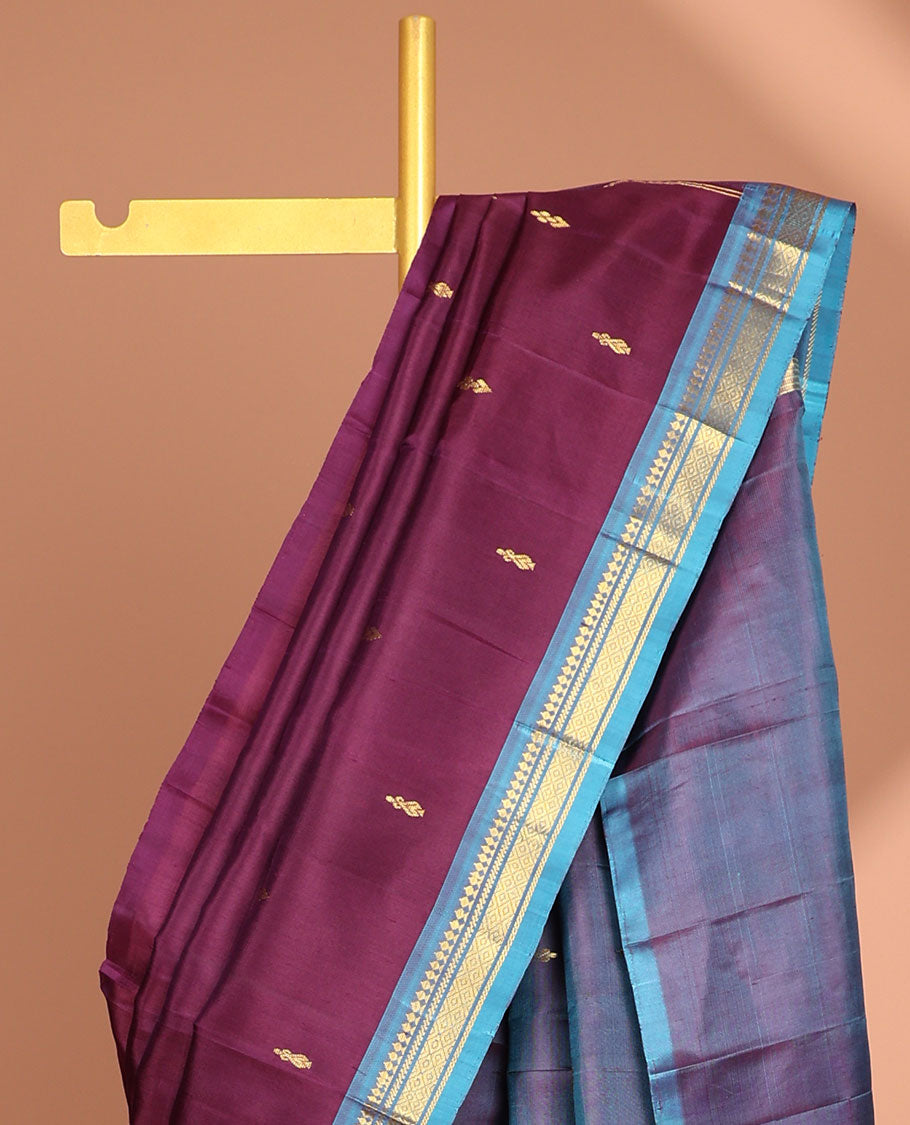 Violet floral buttas kancheepuram silk saree with contrast border of sombu, mayil kann designs & striped,floral buttas pallu