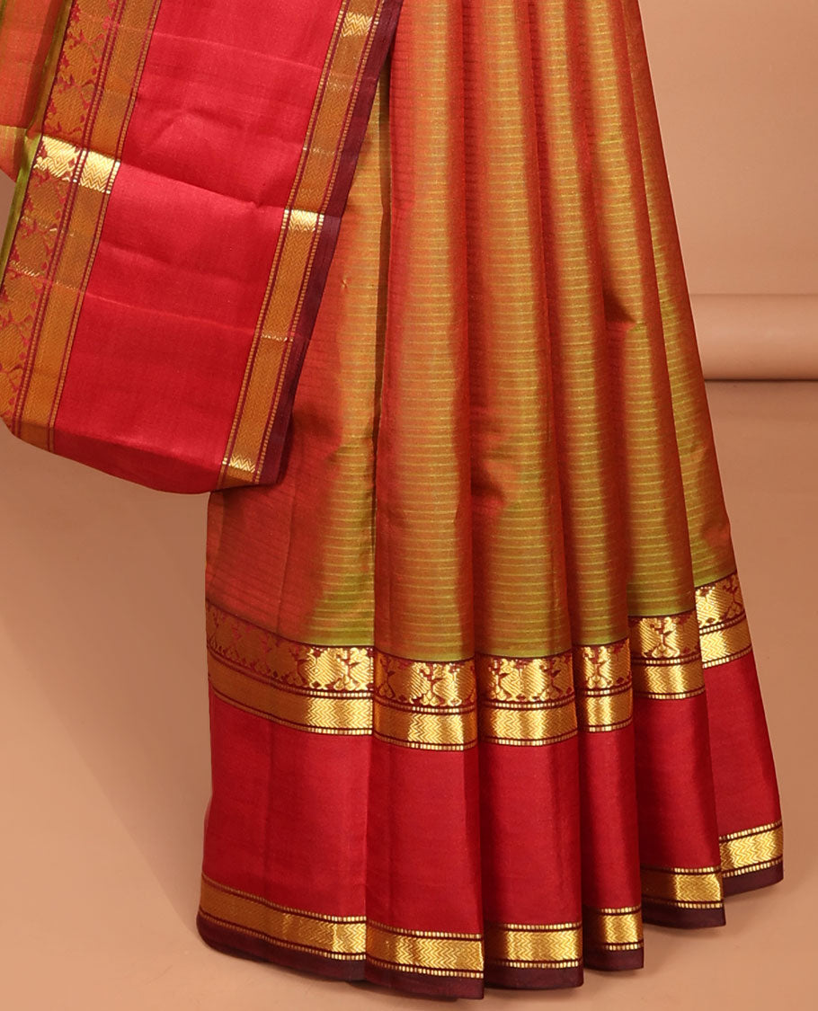 Brown kancheepuram silk saree with contrst border of banaras, muthu design & intricate zari design pallu