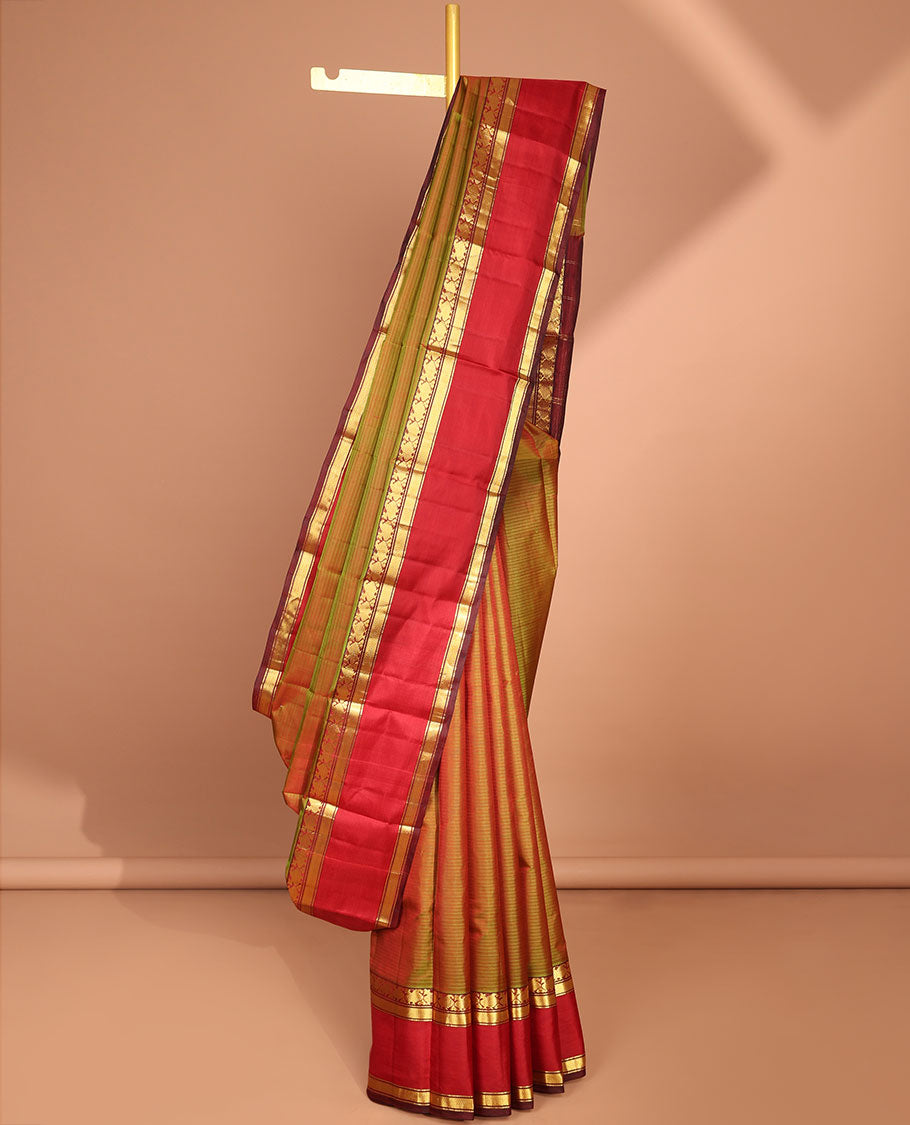 Brown kancheepuram silk saree with contrst border of banaras, muthu design & intricate zari design pallu