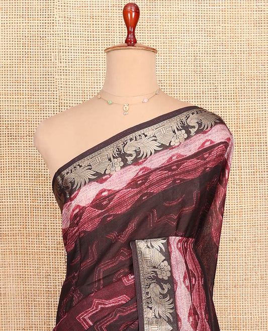 Maroon Semi-Tussar Saree Gracefully Printed with Geometric and Abstrast Print, Complemented by a Zari Border, Contrast Pallu of Ancient Characters Print, and Paired with a Contrast Printed Blouse