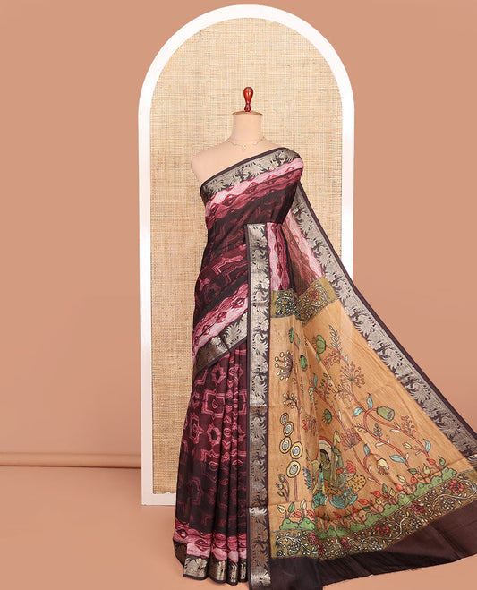 Maroon Semi-Tussar Saree Gracefully Printed with Geometric and Abstrast Print, Complemented by a Zari Border, Contrast Pallu of Ancient Characters Print, and Paired with a Contrast Printed Blouse