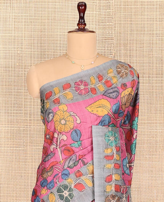 Pink Semi-Tussar Saree Beautified with Kalamkari-Style Colorful Floral Print, Complemented by a Contrast Floral Printed Border, Pallu Depicting Krishna and Gopis Print, and Paired with a Matching Printed Blouse
