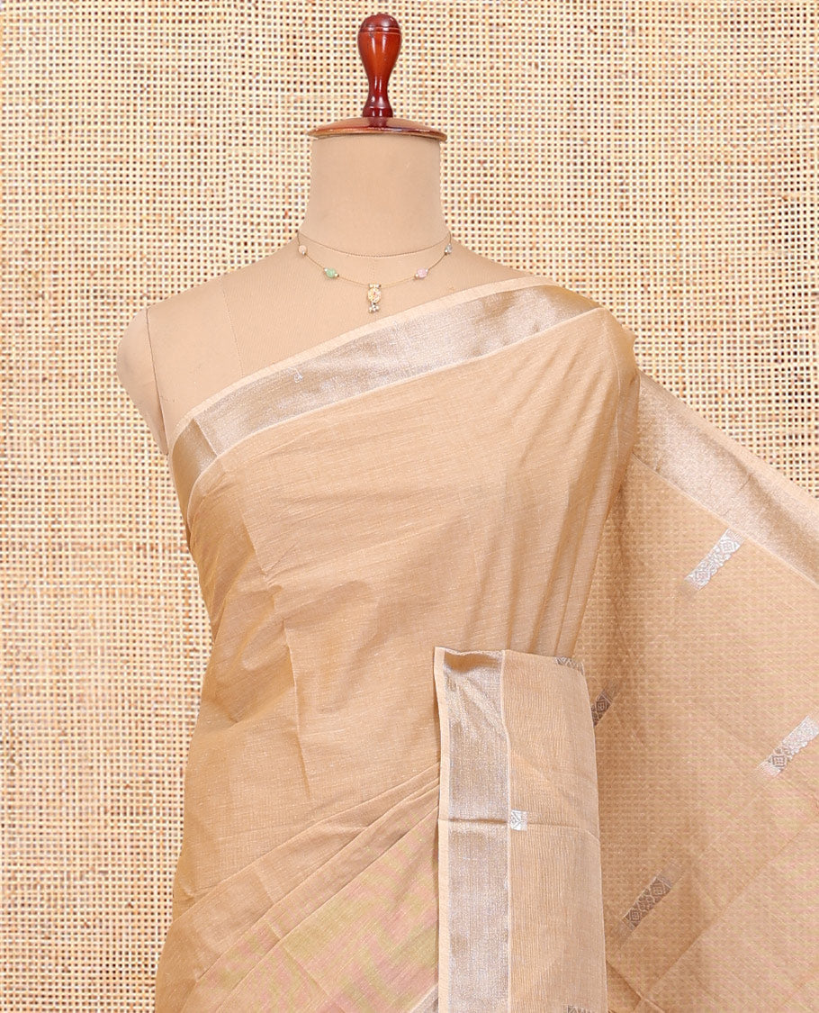 Pale Brown Kerala Cotton Saree, Showcasing with Thread and Zari Buttas All Over Its Body, a Zari Bavanji Border, Pallu of Paisley Designs, and Paired with a Matching Blouse