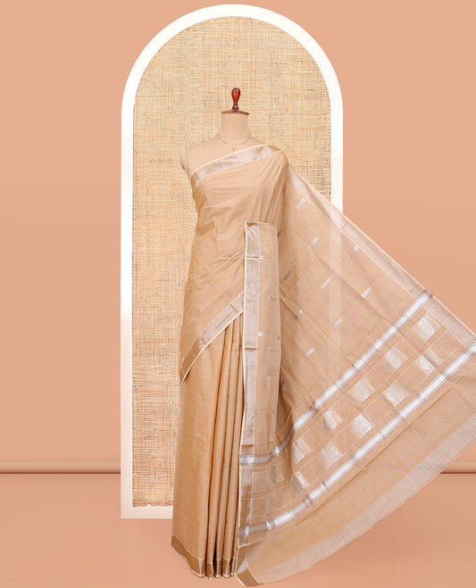 Pale Brown Kerala Cotton Saree, Showcasing with Thread and Zari Buttas All Over Its Body, a Zari Bavanji Border, Pallu of Paisley Designs, and Paired with a Matching Blouse