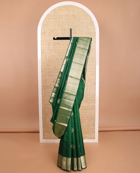 Bottle green floral jacquard kancheepuram silk saree with self floral design border & jaal design pallu