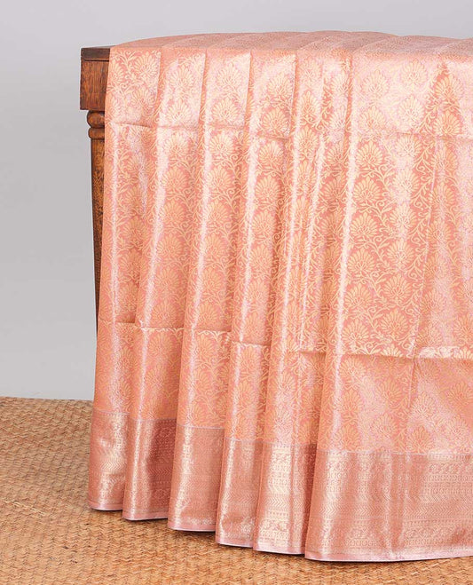 Peach floral jacquard kora cotton saree with self zari design border & intricate jaal design pallu