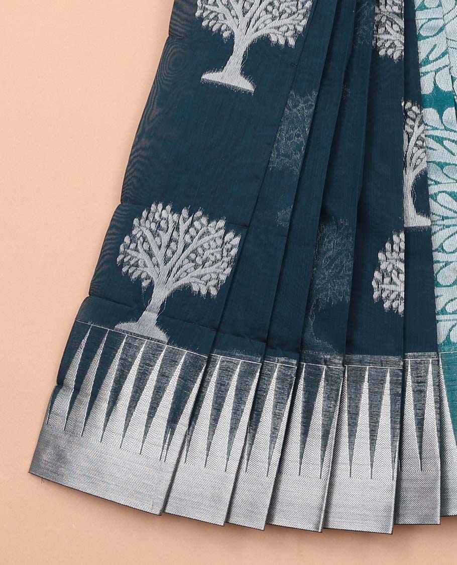 Dark blue tree design kora cotton saree with contrast temple border & floral design pallu