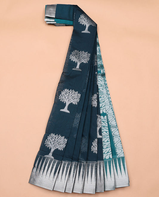 Dark blue tree design kora cotton saree with contrast temple border & floral design pallu