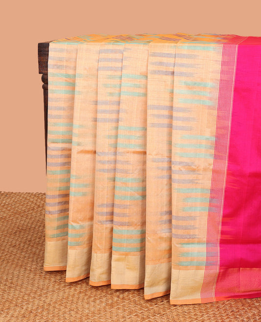 Pale Orange geometric patterned kuppadam cotton saree,bavanji border & contrast striped pallu