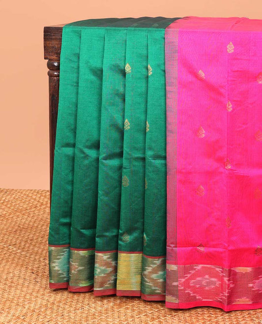 Green kuppadam cotton saree with buttas, contrast ikkat design border & pallu of zari designs