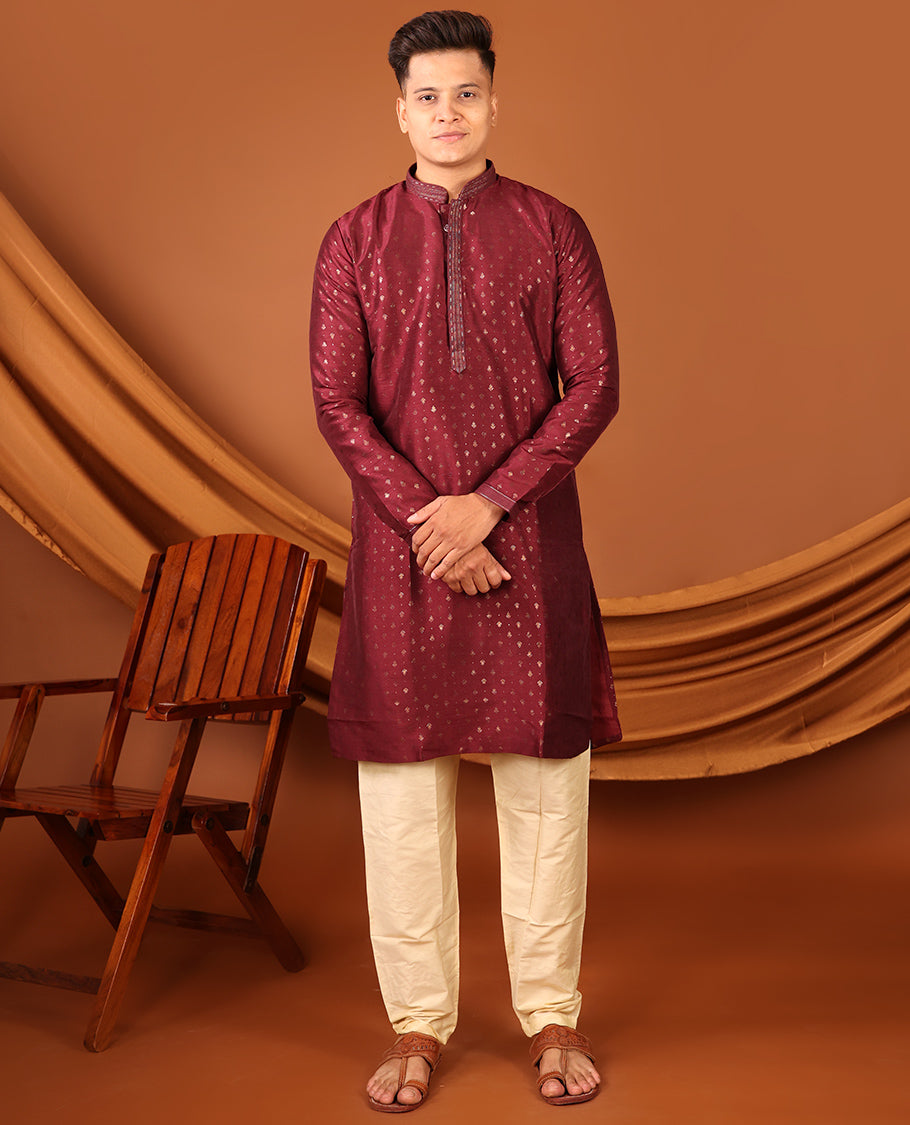Maroon Unique Motifs Gold-Foil Printed Full-Sleeved Men's Kurta, Comes with Pants
