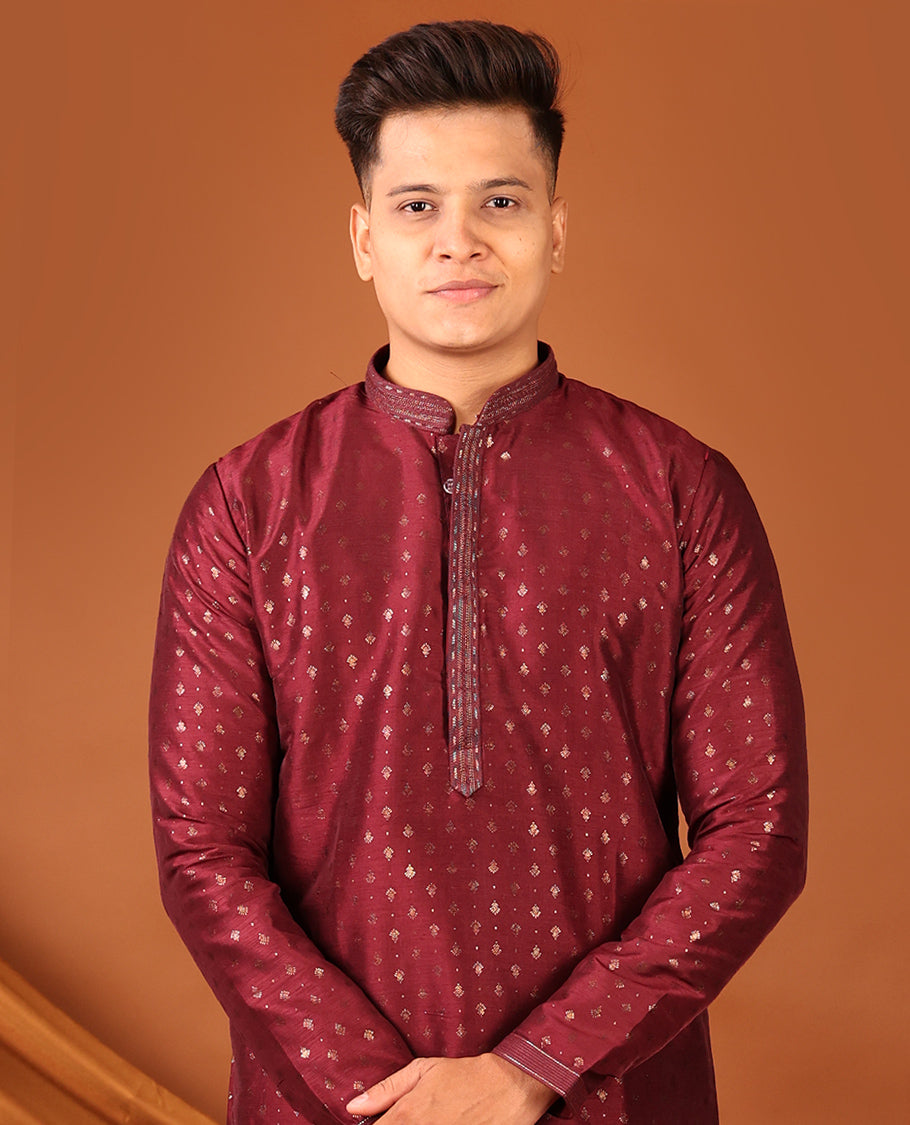 Maroon Unique Motifs Gold-Foil Printed Full-Sleeved Men's Kurta, Comes with Pants