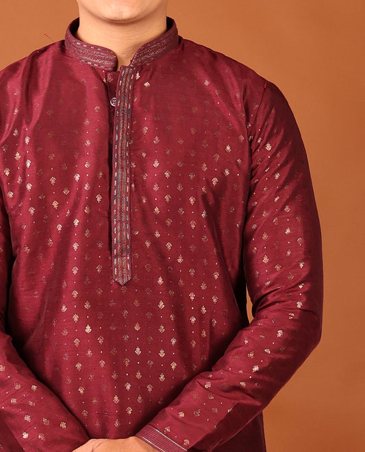 Maroon Unique Motifs Gold-Foil Printed Full-Sleeved Men's Kurta, Comes with Pants