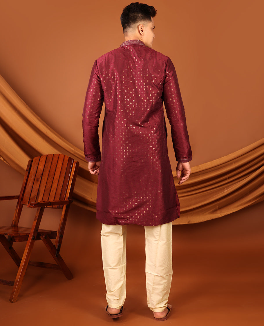Maroon Unique Motifs Gold-Foil Printed Full-Sleeved Men's Kurta, Comes with Pants