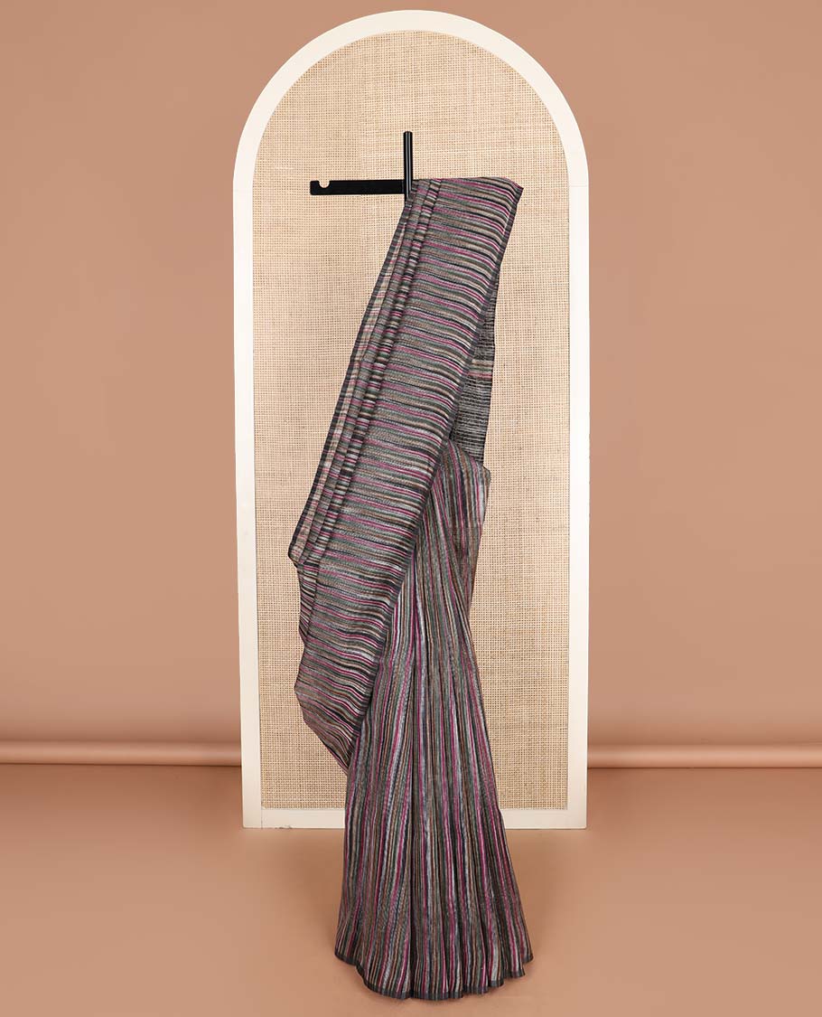 Borderless multi-color striped linen cotton saree, self-pallu of stripes