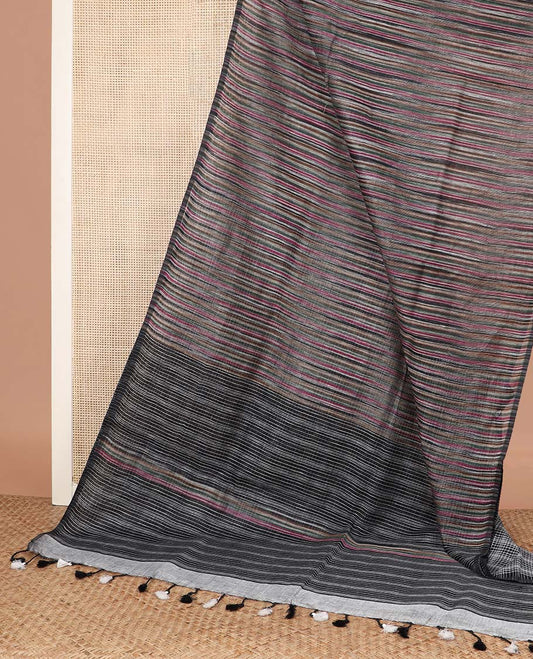 Borderless multi-color striped linen cotton saree, self-pallu of stripes