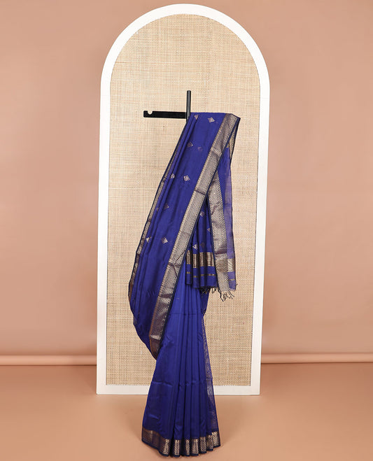 Blue geometric motifs maheshwari cotton saree with contrast zari design border & striped, geometric design pallu