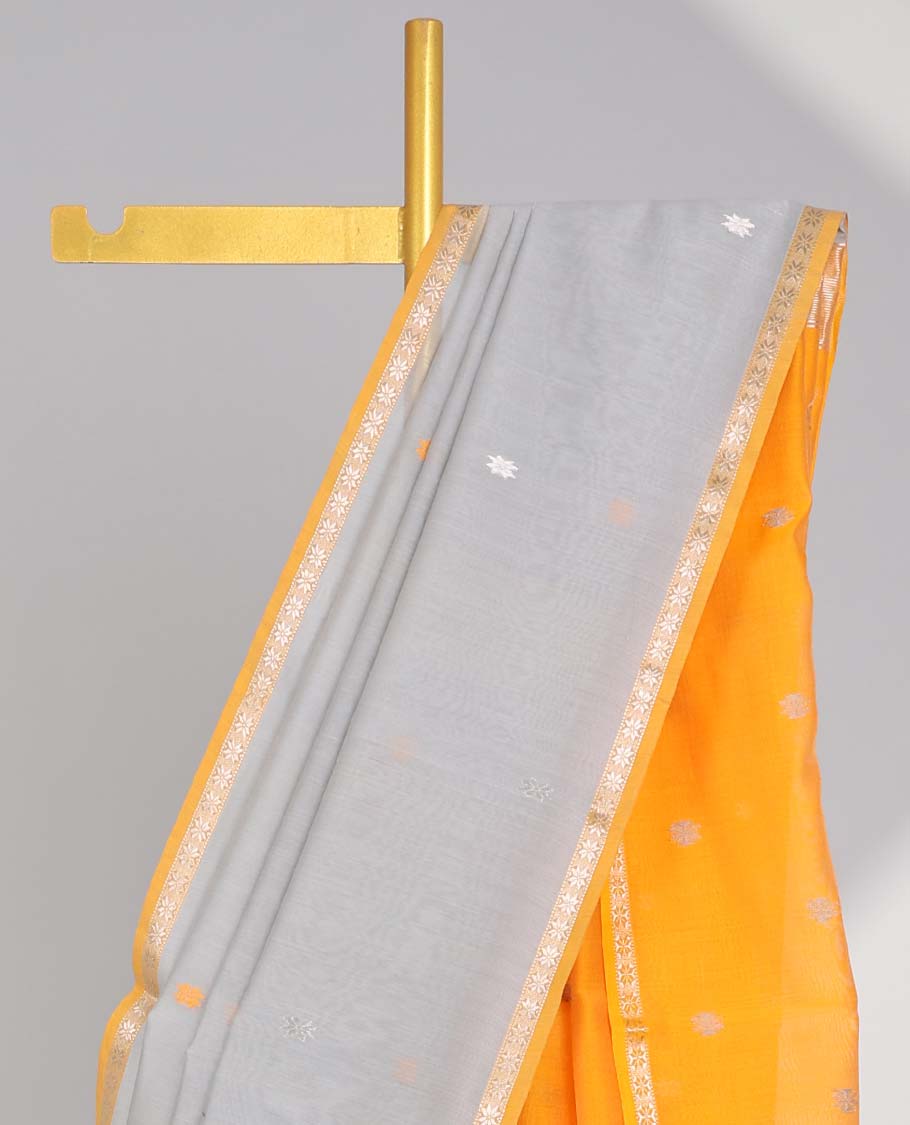 Grey  floral motifs maheswari cotton saree with contrast zari border & floral motifs pallu