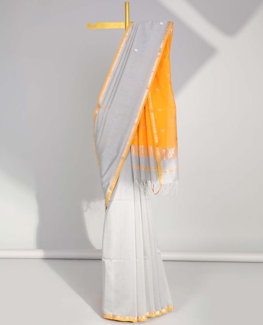 Grey  floral motifs maheswari cotton saree with contrast zari border & floral motifs pallu