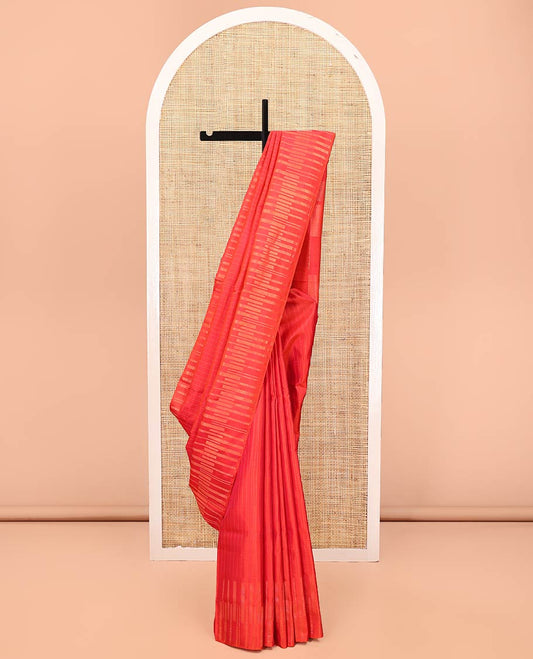 Red Mayuri Soft Silk Saree, Sparsely Sparkled with Stripes All Over Its Body, Highlighted by Zari Geometric Border, Pallu of Gleaming Zari Checks, and Paired with a Matching Blouse
