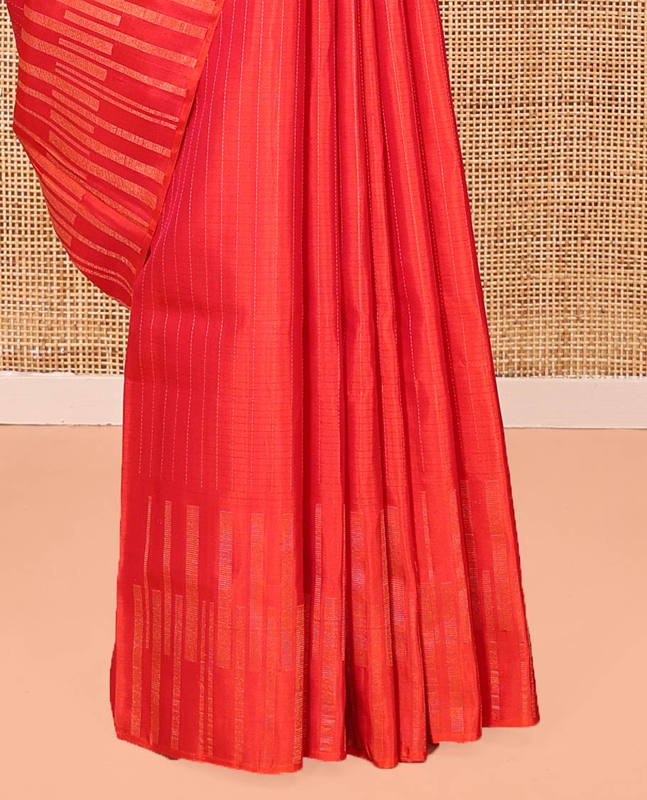 Red Mayuri Soft Silk Saree, Sparsely Sparkled with Stripes All Over Its Body, Highlighted by Zari Geometric Border, Pallu of Gleaming Zari Checks, and Paired with a Matching Blouse