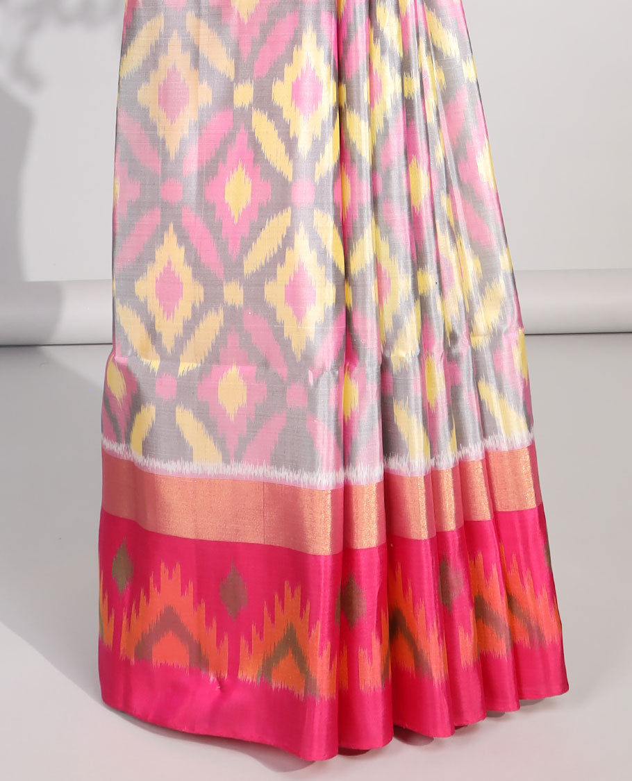Multi-color ikkat style jaal design soft silk saree with contrast temple design border & ikkat style floral design pallu