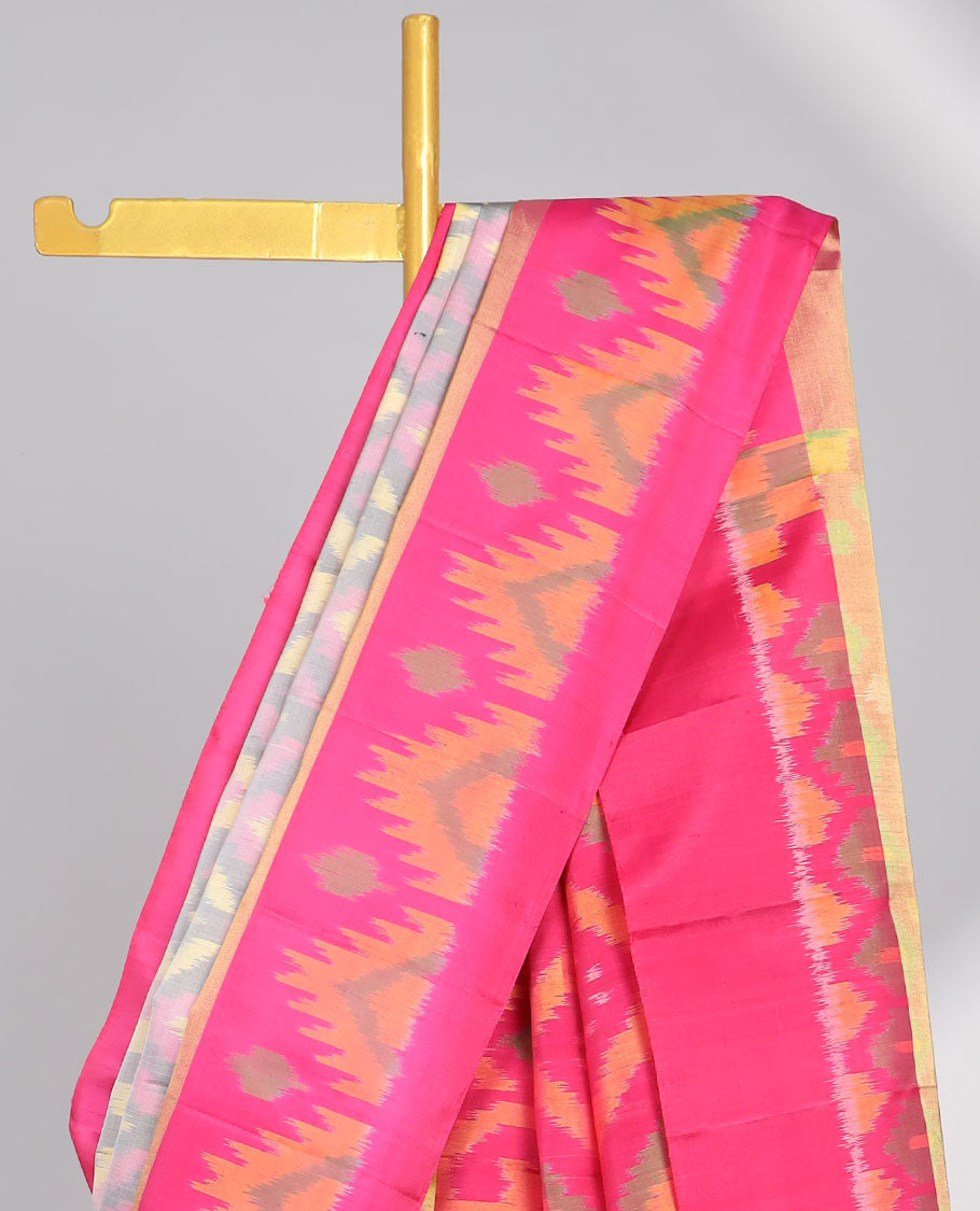 Multi-color ikkat style jaal design soft silk saree with contrast temple design border & ikkat style floral design pallu