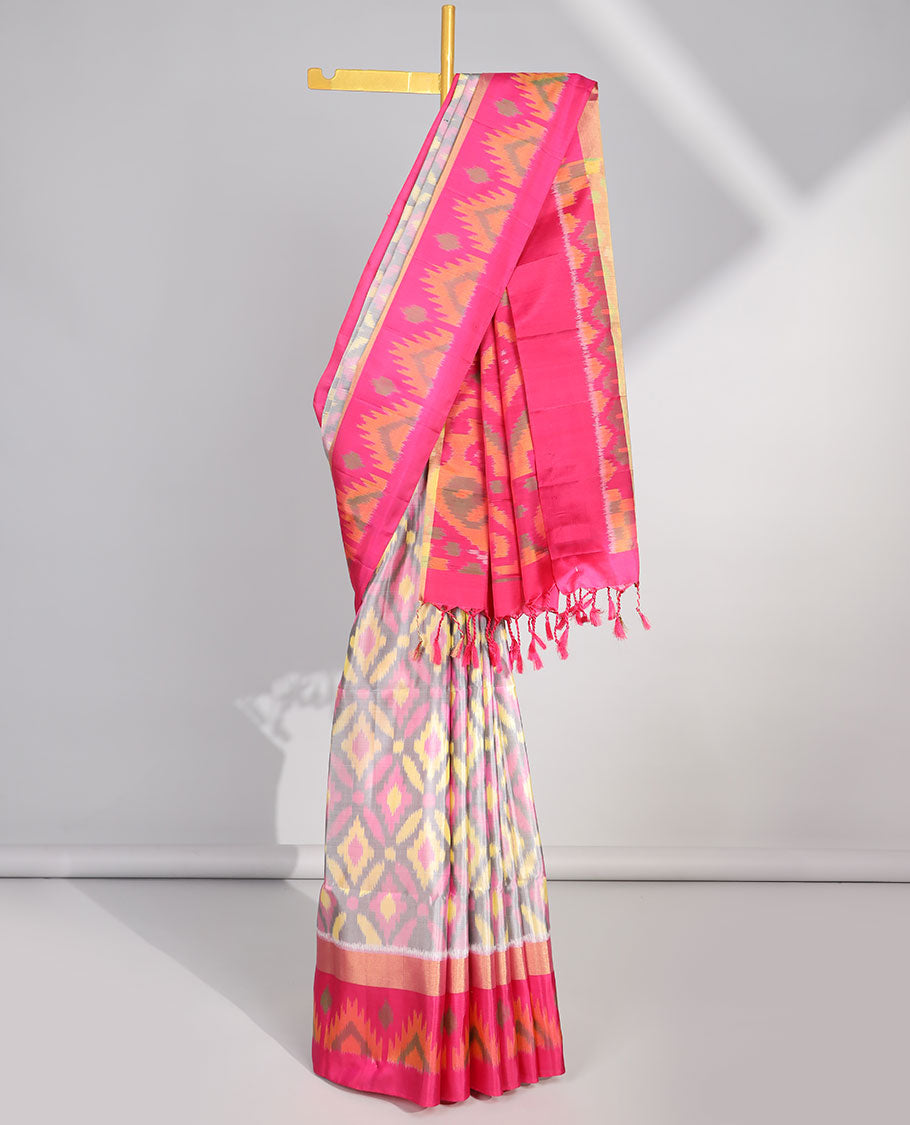 Multi-color ikkat style jaal design soft silk saree with contrast temple design border & ikkat style floral design pallu