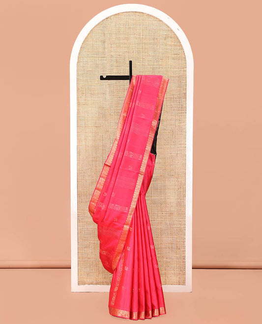 Pink Mayuri Soft Silk Saree, Entralled with Zari Buttas and Floral Creeper Designs On Its Body, Highlighted by Traditional Zari Designs Woven Border, Contrast Grand Pallu and Paired with a Contrast Blouse