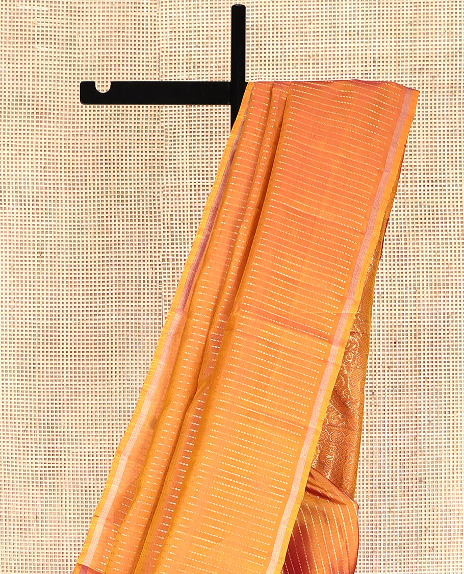 Orange Mayuri Lite Silk Mix Saree, Sparsely Sparkled with Muthu Stripes All Over Its Body, Subtle Zari Piping  Border, Pallu of Parrot Designs, and Paired with a Matching Blouse
