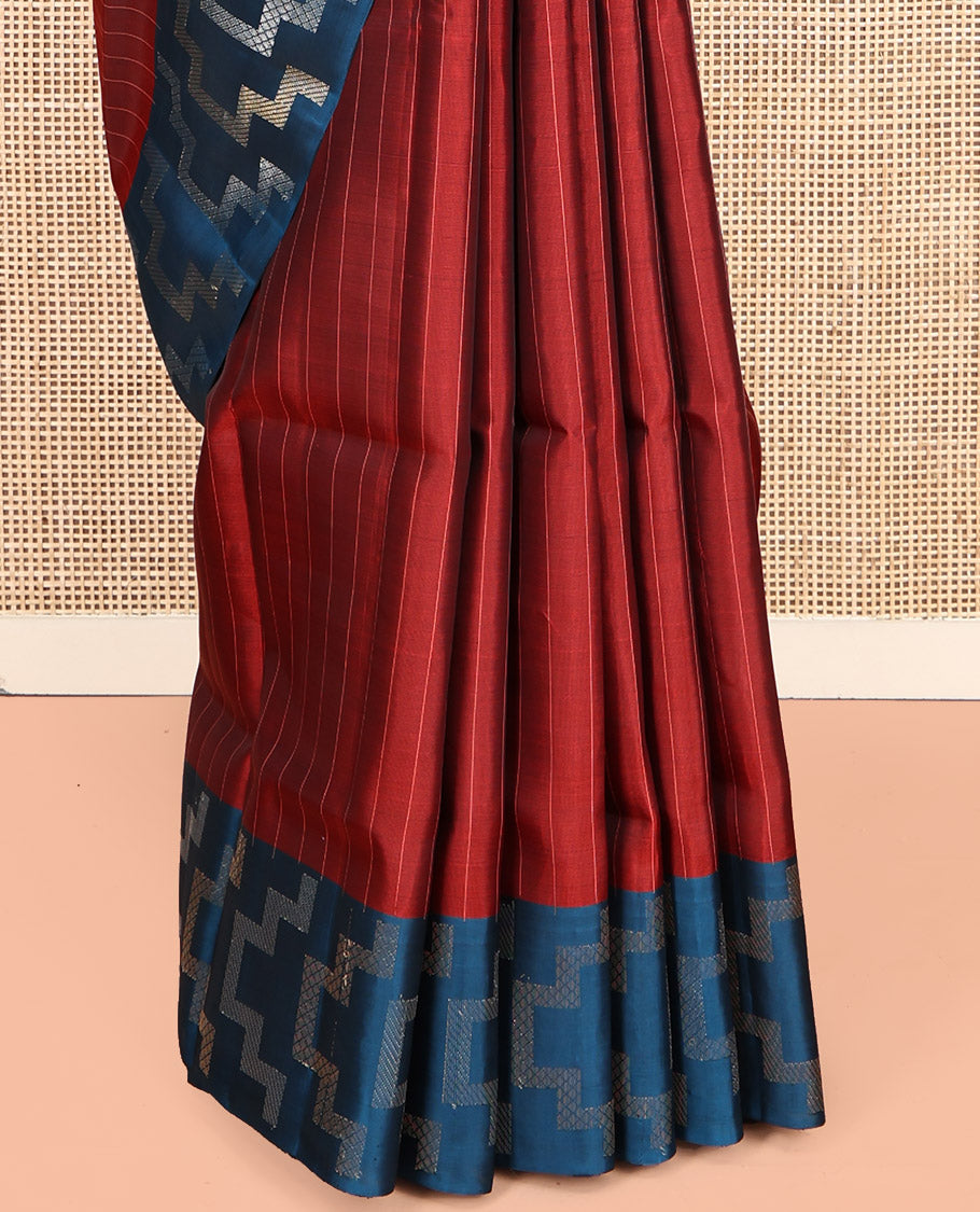 Rust Mayuri Lite Silk Mix Saree, Subtly Sparkled With Stripes, Complemented by Contrast Border, and Pallu of Geometric Patterns, and a Contrast Blouse