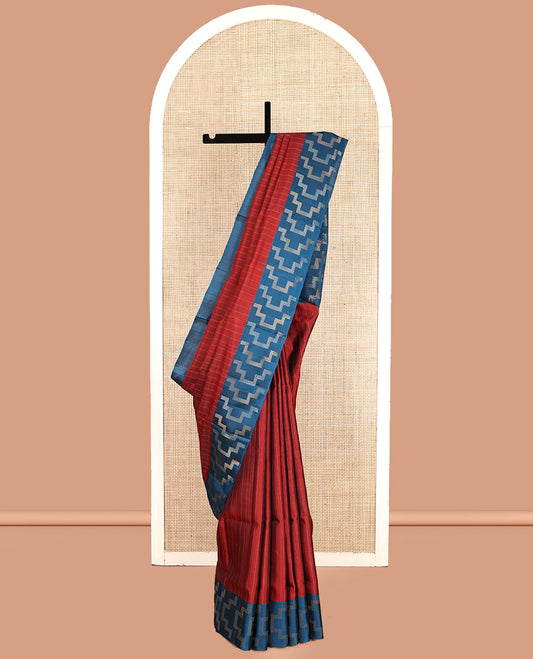 Rust Mayuri Lite Silk Mix Saree, Subtly Sparkled With Stripes, Complemented by Contrast Border, and Pallu of Geometric Patterns, and a Contrast Blouse