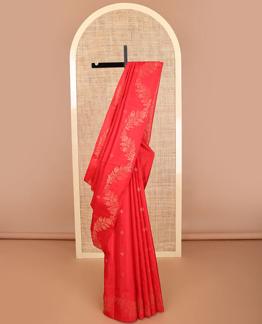 Red floral motifs mayuri soft silk saree with self zari design border & floral jaal design pallu