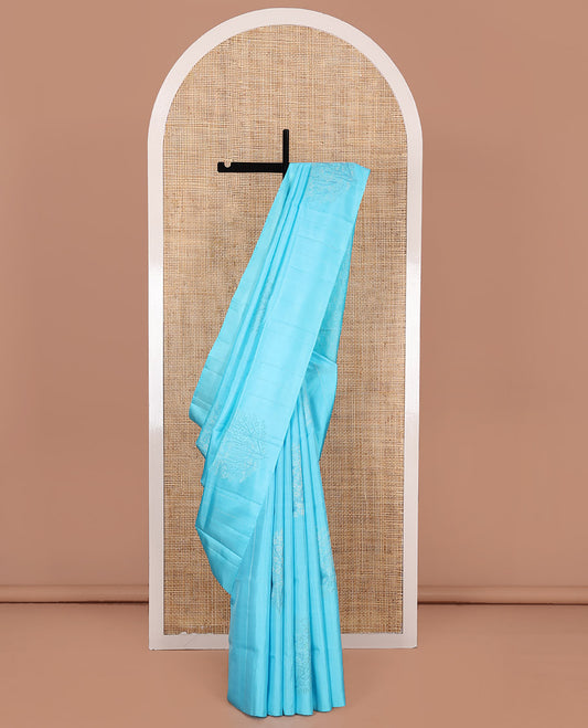 Borderless Blue Mayuri Soft Silk Saree, Sparsely Woven with Floral Buttas All Over Its Body, Subtly Woven Pallu of Floral-Rudraksham Designs, and Paired with a Matching Blouse