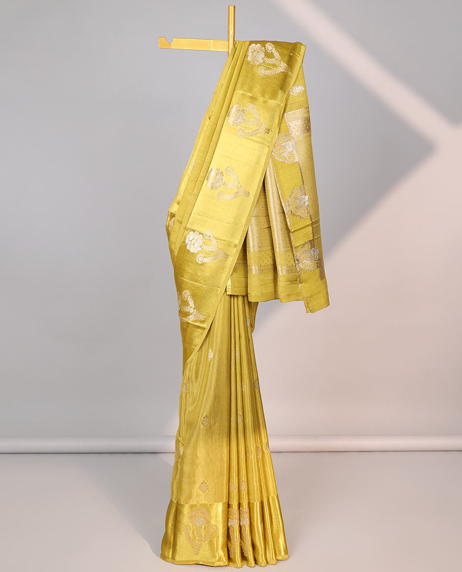 Green floral motifs mushru silk saree with self floral design border & pallu of intricate zari design
