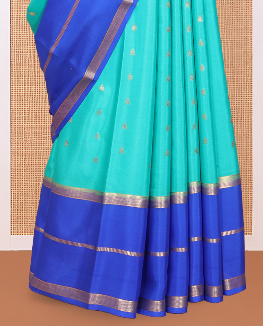 Blue Mysore Silk Saree, Elevated with Zari Buttas, Complemented by a Contrast Traditional Zari Border, Zari Design Pallu, and a Contrast Blouse