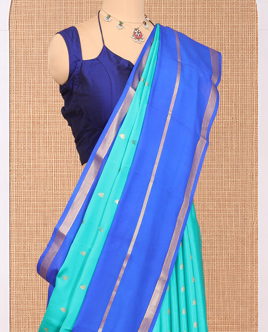 Blue Mysore Silk Saree, Elevated with Zari Buttas, Complemented by a Contrast Traditional Zari Border, Zari Design Pallu, and a Contrast Blouse