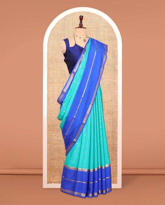 Blue Mysore Silk Saree, Elevated with Zari Buttas, Complemented by a Contrast Traditional Zari Border, Zari Design Pallu, and a Contrast Blouse