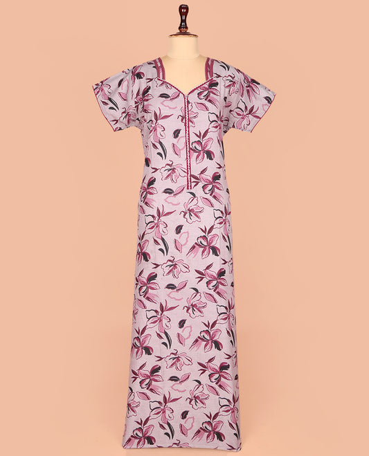 Grey Cotton Nighty Accentuated with Floral Print, Featuring Lace Work, Sweet-Heart-Style Front Neck, and 3/4th Sleeves