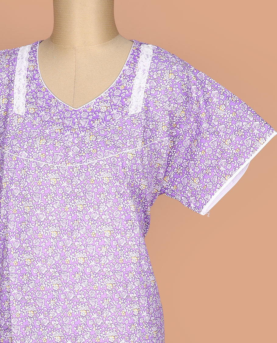Lavender floral printed with leaf necked lace work half-sleeve nighty