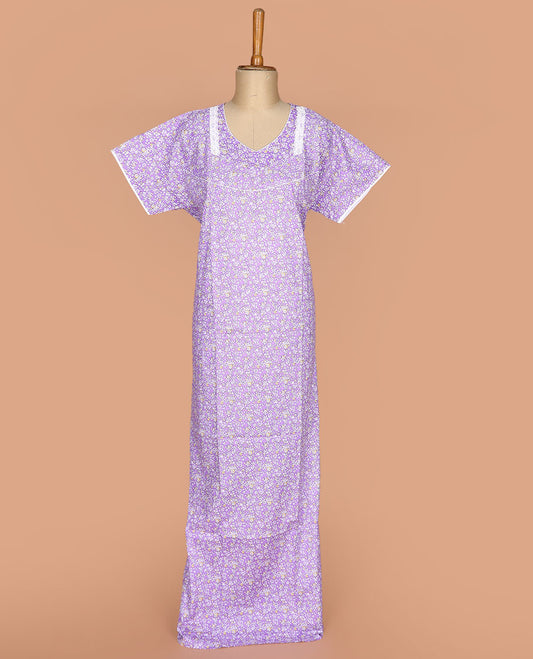 Lavender floral printed with leaf necked lace work half-sleeve nighty