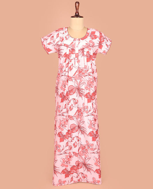 Pale Pink Cotton Nighty Accentuated with Floral Patterns Print, Featuring Lace Work, Round Front Neck, and Half Sleeves