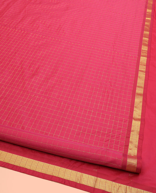 Fuchsia Pink Muthu Checked Ten Yard Art Silk Saree, Complemented by a Traditional Zari Border, and Pallu Featuring Subtle Zari Stripes